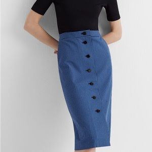 Club Monaco Navy Blue Gingham Button-Front Midi Skirt